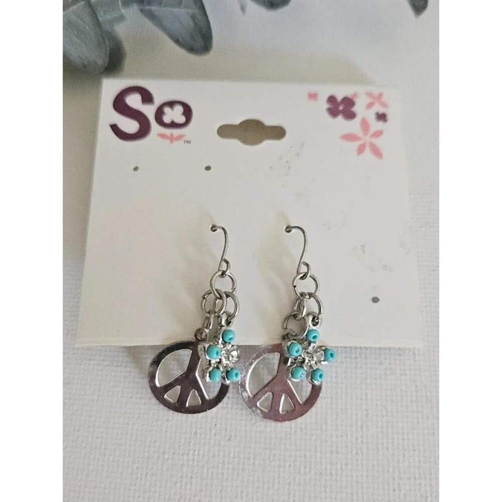 SO Silver Tone & Faux Turquoise Peace Sign Earrings